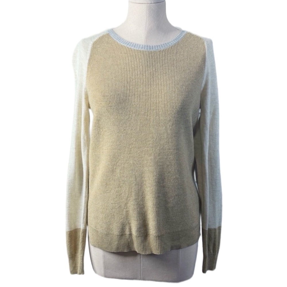 JCPenney Waffle Knit Sweater Tan Cream Colorblock Lightweight M